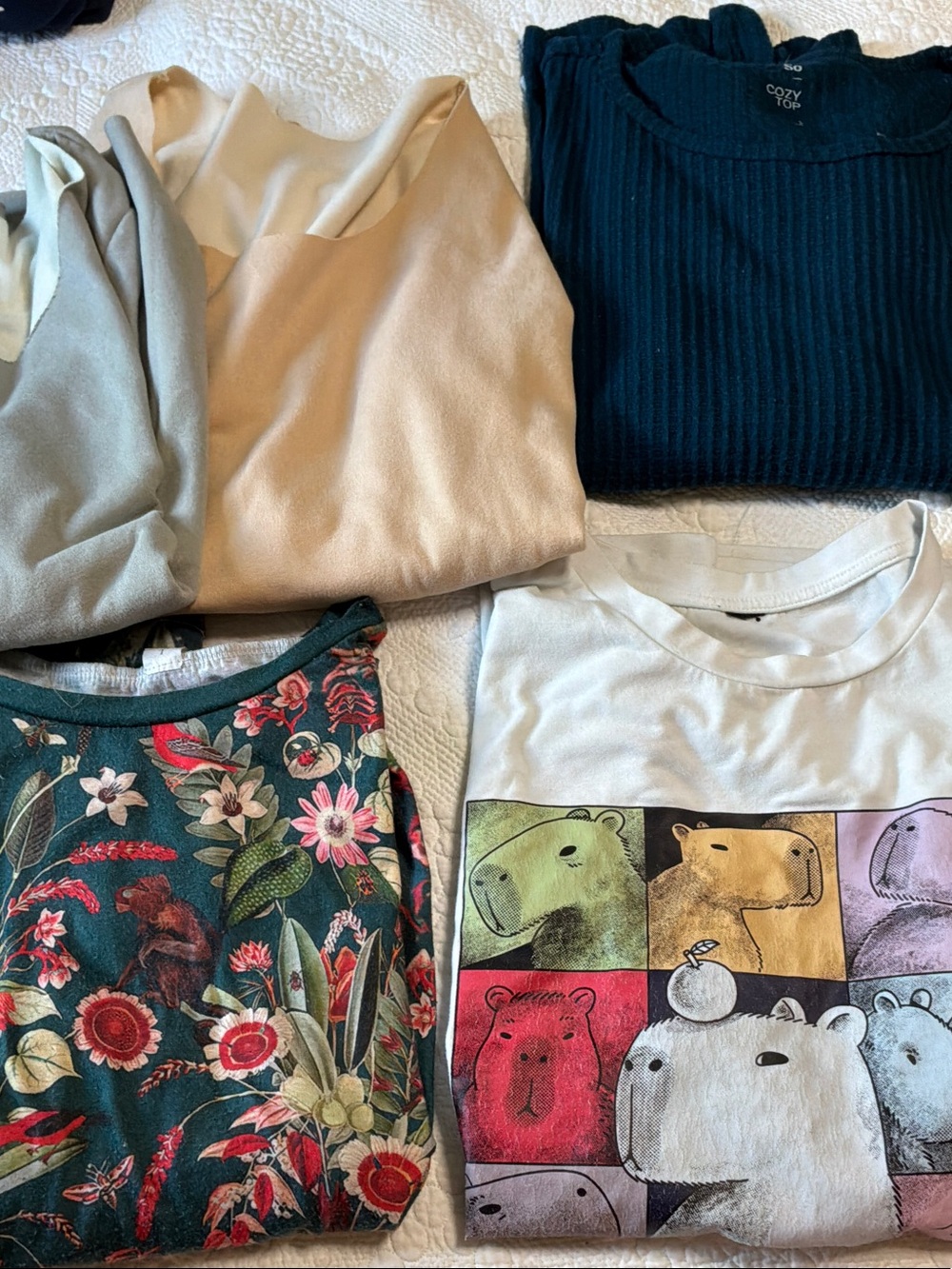 White Tee with Colorful Bear Panels, Cozy Top, floral top, Three cozy solid tops